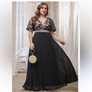 New SHEIN Bell Sequin Cocktail Prom Maxi Dress Gown Mesh Panel Black Silver 4XL